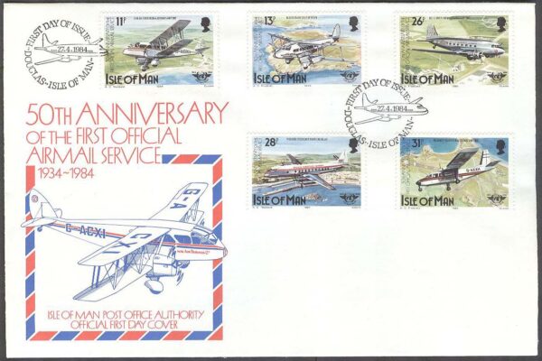 Isle of Man - FDC 1984-04-27 - Flygplan bla Vickers Viscount 800, 5 kpl