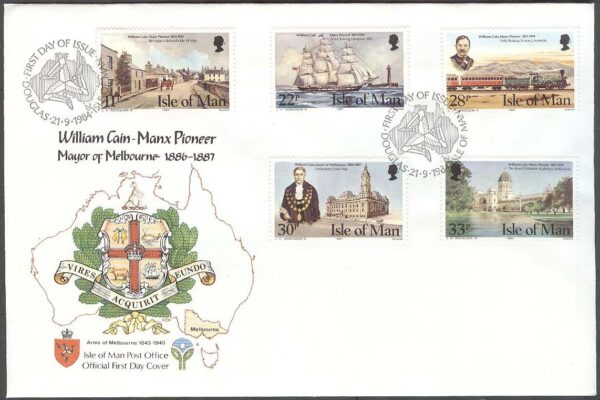 Isle of Man - FDC 1984-09-21 - William Cains död 70 år - Båt - Tåg - Byggnader, 5 kpl
