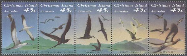 Christmas Island - M  379-383 Havsfåglar bla Brun sula, 5-strip kpl **