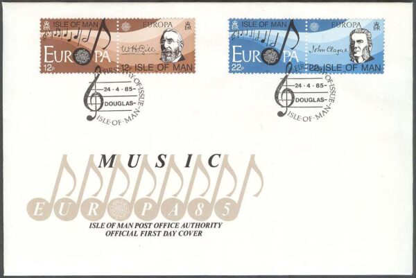 Isle of Man - FDC 1985-04-24 - Europa CEPT 1985 Europeiska Musikåret, 2 st par kpl