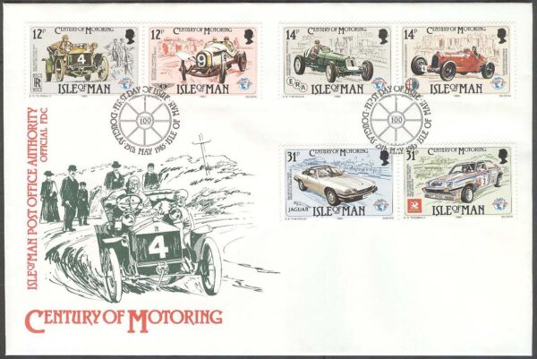 Isle of Man - FDC 1985-05-25 - Bilar 100 år bla Alfa Romeo 1934, 6 kpl