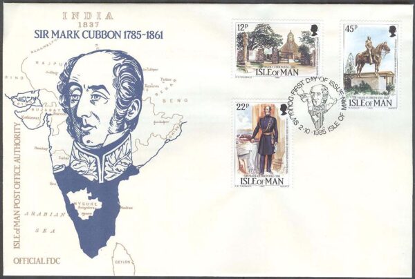 Isle of Man - FDC 1985-10-02 - Sir Mark Cubbon 200 år, 3 kpl