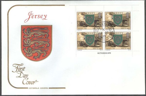 Jersey - FDC 1979-10-01 - Pastorsämbeten och dess Vapen, 3 st 4-Block