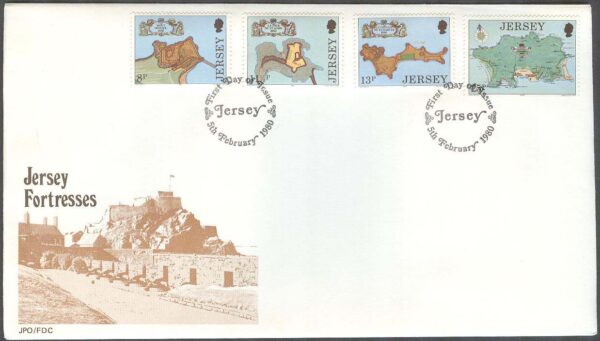 Jersey - FDC 1980-02-05 - Fästningar på Jersey bla Mont Orgueil - Karta, 4 kpl