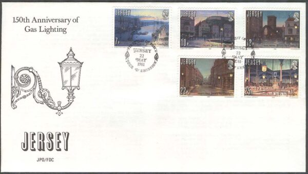 Jersey - FDC 1981-05-22 - Gaslyktor 150 år - Byggnader, 5 kpl