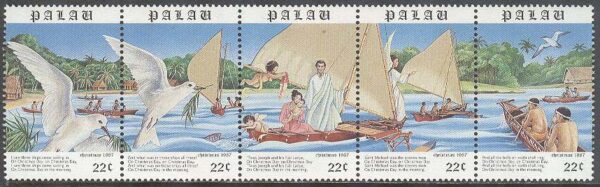 Palau - M  211-215 Jul 1987 - Fåglar - Båtar - Julpsalm, 5-strip kpl **