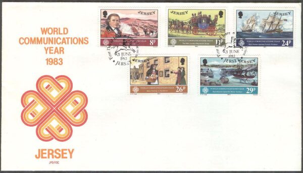 Jersey - FDC 1983-06-21 - Världskomunikationsåret 1983 - Hästar - Båtar, 5 kpl
