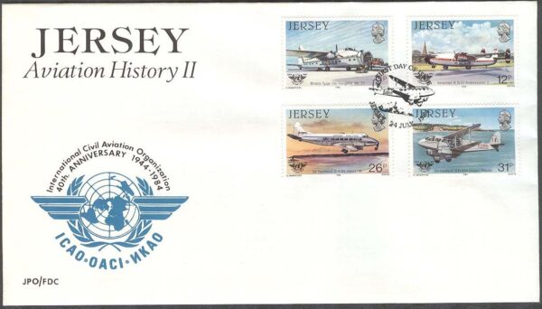 Jersey - FDC 1984-07-24 - Flygets Historia II - Civilluftfart 40 år - Flygplan, 4 kpl