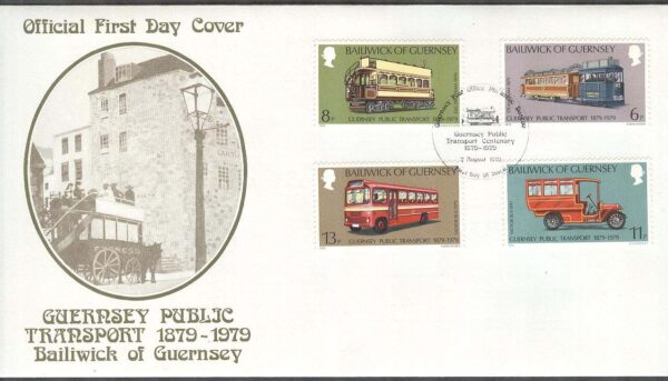 Guernsey - FDC 1979-08-07 - Bil - Buss - Spårvagnar, 4 kpl