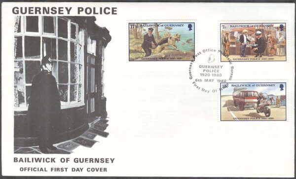 Guernsey - FDC 1980-05-06 - Guernseys Polis 60 år bla Hund & Bil, 3 kpl