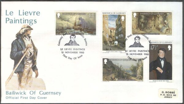 Guernsey - FDC 1980-11-15 - Jul 1980 - Konst av P Le Lievre bla Landskap, 5 kpl