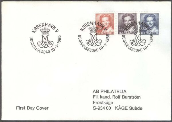 Danmark - FDC 1985-01-10 - Drottning Margrethe, Typ II, 3 kpl Adressat