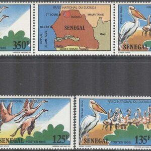Senegal – M  948-953 + Zf Fåglar i Nationalparken Djoudj bla Stork, 4 + 3-strip kpl **