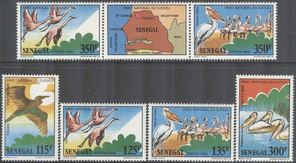 Senegal - M  948-953 + Zf Fåglar i Nationalparken Djoudj bla Stork, 4 + 3-strip kpl **