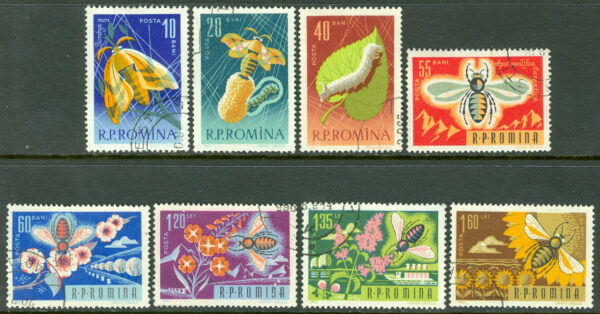 Rumänien - M 2214-2221 Insekter - Bi- och silkesmaskodling, 8 kpl