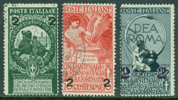 Italien - M  107-109 I Enade kungariket Italein 50 år m. påtryck, 3 kpl stpl
