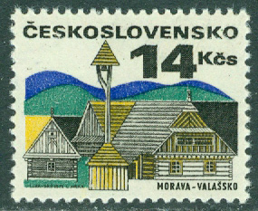 Tjeckoslovakien – M 2013 Byggnadsverk, bostadsbyggnad och klocktorn, Valassko, Mähren, 14 Kr **