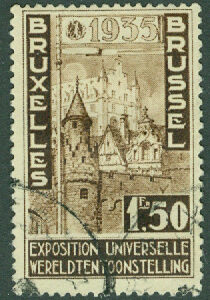 Belgien – M  380 Världsutställningen 1935, gamla Bryssel, 1.50 Fr stpl