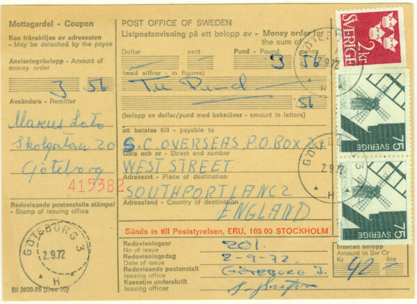 F  309 + 730BB på listpostanvisning GÖTEBORG 3  2.9.72