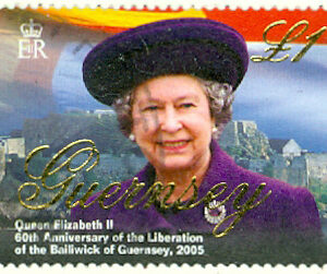 Guernsey – M 1051 Andra världskriget slut, 60-årsdagen, drottning Elisabeth II, 1 £ stpl