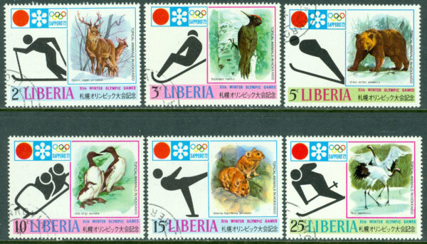 Liberia - M  810-815 OS i Sapporo 1972 - Däggdjur - Fåglar, 6 kpl stpl