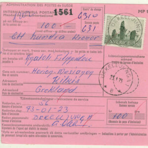 F  692 på Int. Postanvisning, praktstämplat STOCKHOLM 15  18.2.72