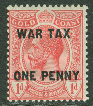Guldkusten – M   74 Georg V påtryck WAR TAX ONE PENNY, 1 kpl *