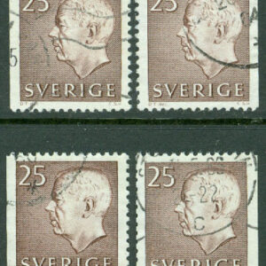 F  420D1-D4 Gustaf VI Adolf typ III, 25 öre brun, 4 ol. vinkeltandade stpl
