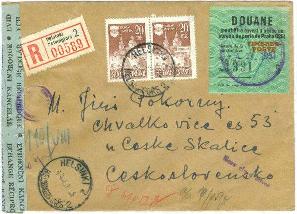 Finland - F  399 x 2 på censurerat Rek.brev HELSINKI 1.VIII.51 (med innehåll)