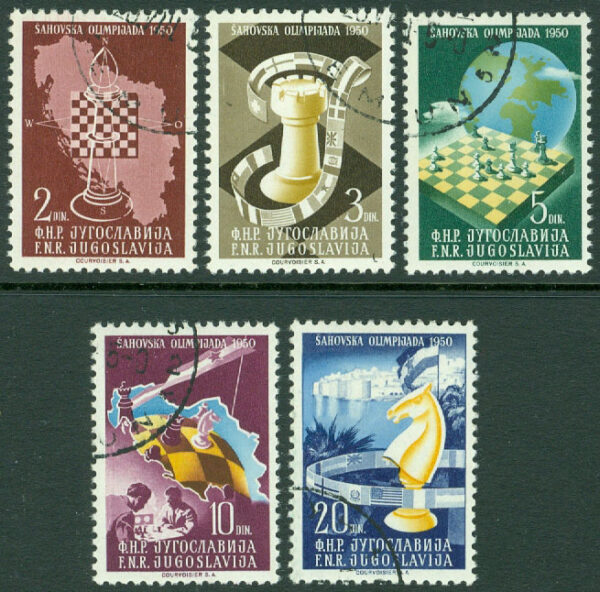 Jugoslavien - M  616-620 Schackolympiad 1950 i Dubrovnik, 5 kpl stpl