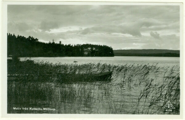 Motiv från Kyrksjön, Mölltorp, poststämplat 1948