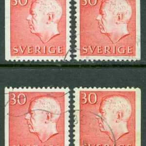 F  423D1-423D4 Gustav VI Adolf typ III, 30 öre röd, 4 olika vinkeltandade märken