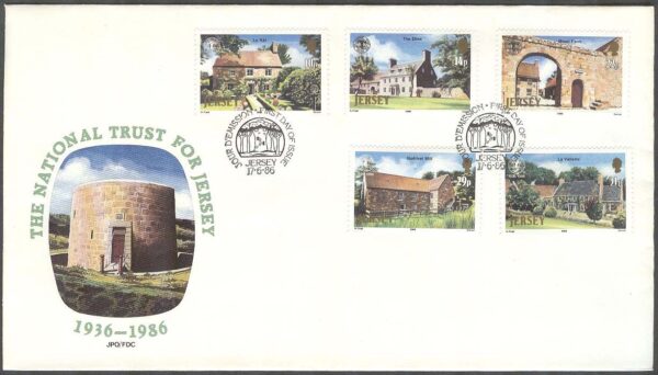 Jersey - FDC 1986-06-17 - National Trust för Jersey 50 år - Byggnader, 5 kpl