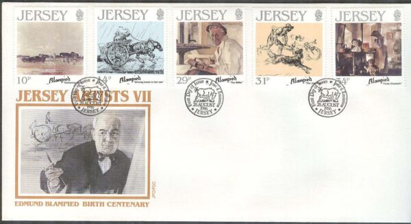 Jersey - FDC 1986-08-28 - Edmond Blampied 100 år - Konstnär, 5 kpl