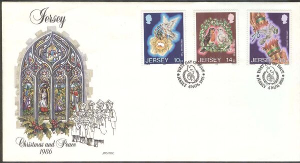 Jersey - FDC 1986-11-04 - Jul 1986 - Konst - Fåglar - Internat. Fredsåret, 3 kpl