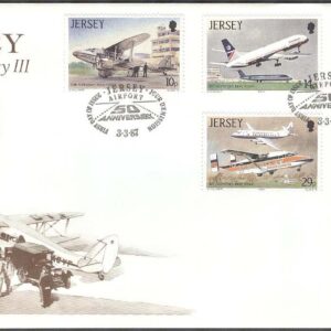 Jersey – FDC 1987-03-03 – Flygets Historia – Flygplats 50 år – Flygplan, 5 kpl