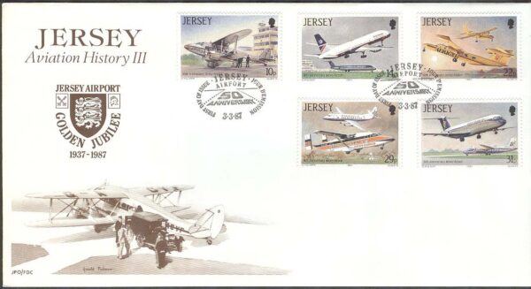 Jersey - FDC 1987-03-03 - Flygets Historia - Flygplats 50 år - Flygplan, 5 kpl