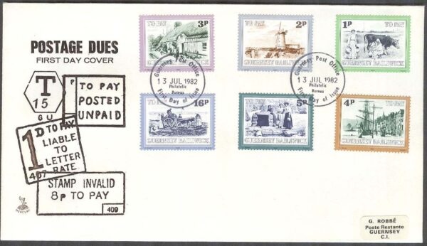 Guernsey - FDC 1982-07-13 - Vyer - Kor - Hästar - Båtar - Portomärken, 12 kpl