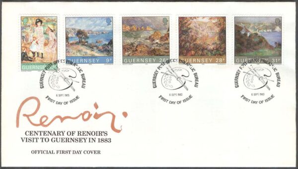 Guernsey - FDC 1983-09-06 - Konst - Renoir på besök på Guernsey 100 år, 5 kpl