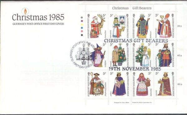 Guernsey - FDC 1985-11-19 - Julfrimärken 1985 - Dräkter, Miniark kpl