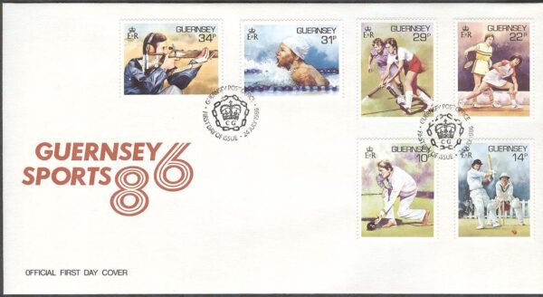 Guernsey - FDC 1986-07-24 - Sport på Guernsey bla Tennis & Kricket, 6 kpl
