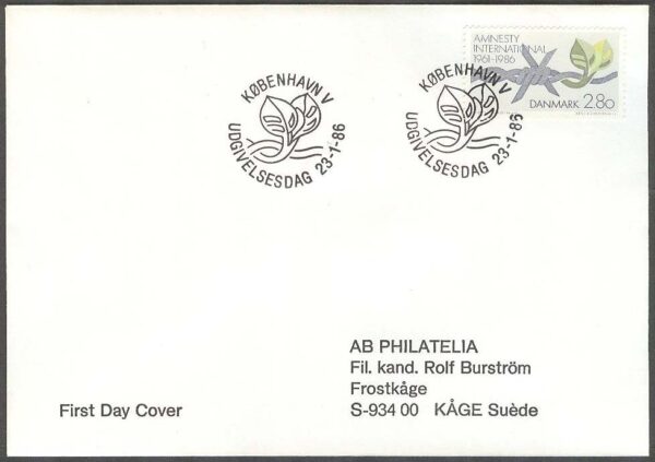 Danmark - FDC 1986-01-23 - Amnesty International 25 år, 1 kpl Adressat