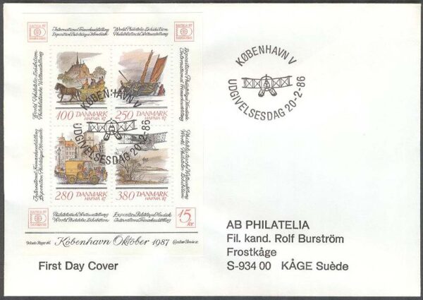 Danmark - FDC 1986-02-20 - Hafnia 87 bla Båt - Bil - Flyg - Häst, Block Adressat