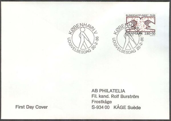 Danmark - FDC 1986-02-20 - Danska Blindsamfundet 75 år, 1 kpl Adressat