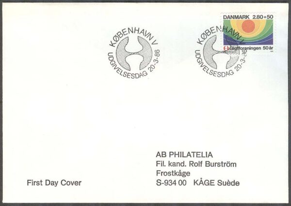 Danmark - FDC 1986-03-20 - Giktföreningen 50 år, 1 kpl Adressat