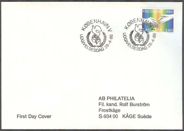 Danmark - FDC 1986-04-28 - Internationella Fredsåret, 1 kpl Adressat