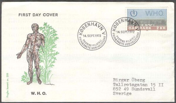 Danmark - FDC 1972-09-14 - WHO-byggnadens invigning, 1 kpl Vinjett 4 Adressat