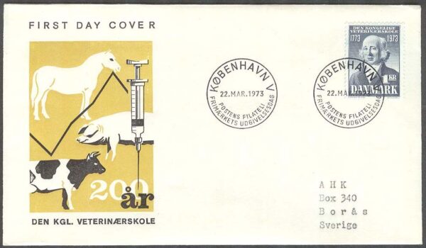 Danmark - FDC 1973-03-22 - Kungl Veterinärskolan 200 år, 1 kpl Vinjett 10 Adressat
