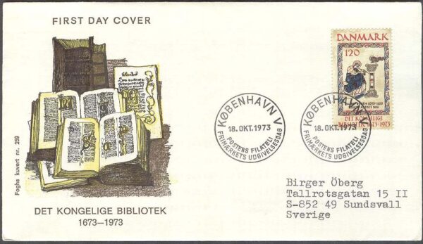 Danmark - FDC 1973-10-18 - Kungl Biblioteket 300 år, 1 kpl Vinjett 4 Adressat