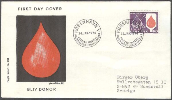 Danmark - FDC 1974-01-24 - Blodgivning, 1 kpl Vinjett 4 Adressat